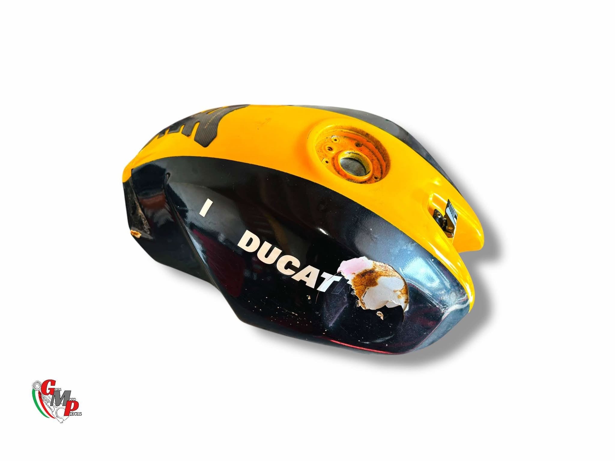Depósito amarillo y negro dañado - Ducati